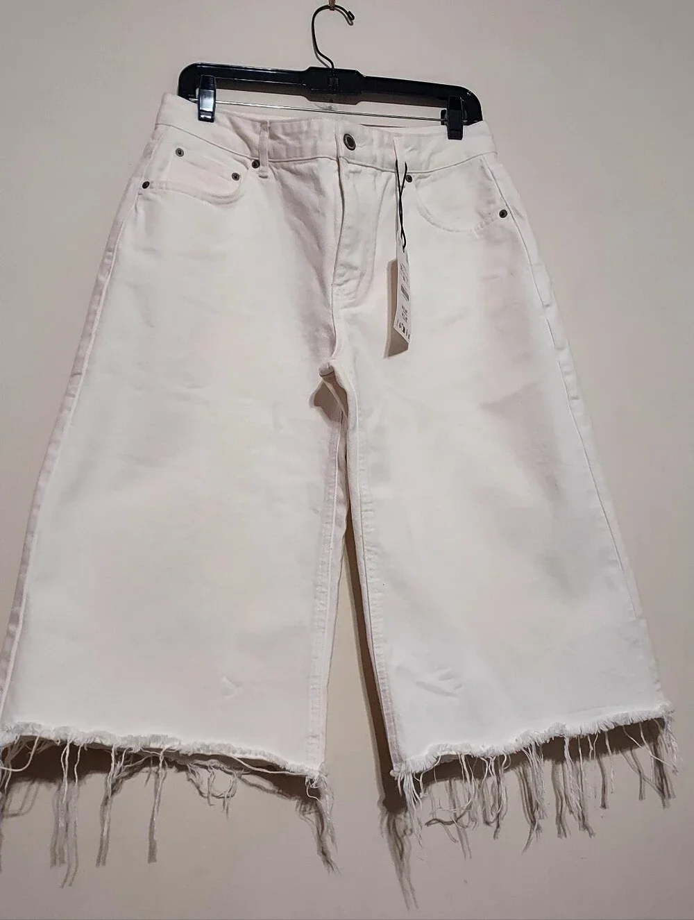 Zara Zw Collection Frayed-Hem Ecru White Denim Long Shorts Sz-6